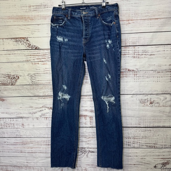 Old Navy Jeans slouchy raw hem size 2 Dark Blue Distressed Straight Leg Jeans - Picture 1 of 10